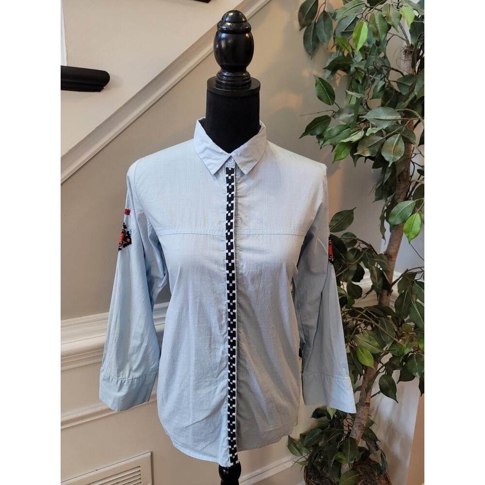Khaadi Blouse Women's Blue Size S Embroidered Button Up Shirt Boho Ethnic Top